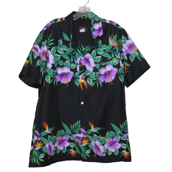 Vintage Hawaii Black Floral Hawaiian Shirt Short Sleeve Button-Up Mens Large - Picture 1 of 10